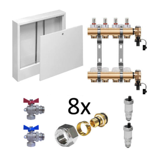Set pre 4 okruhy skrinka nadodometková guľové ventily rohové 1", pre 17mm rúrku