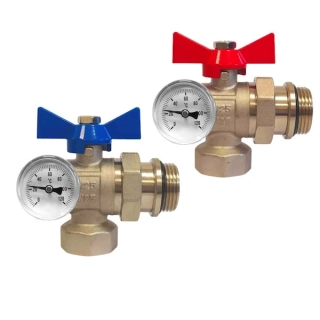 Set ventil červený a modrý guľový 1", rohový so šróbením, mosadzný s motýľom a teplomerom s motýľom.
